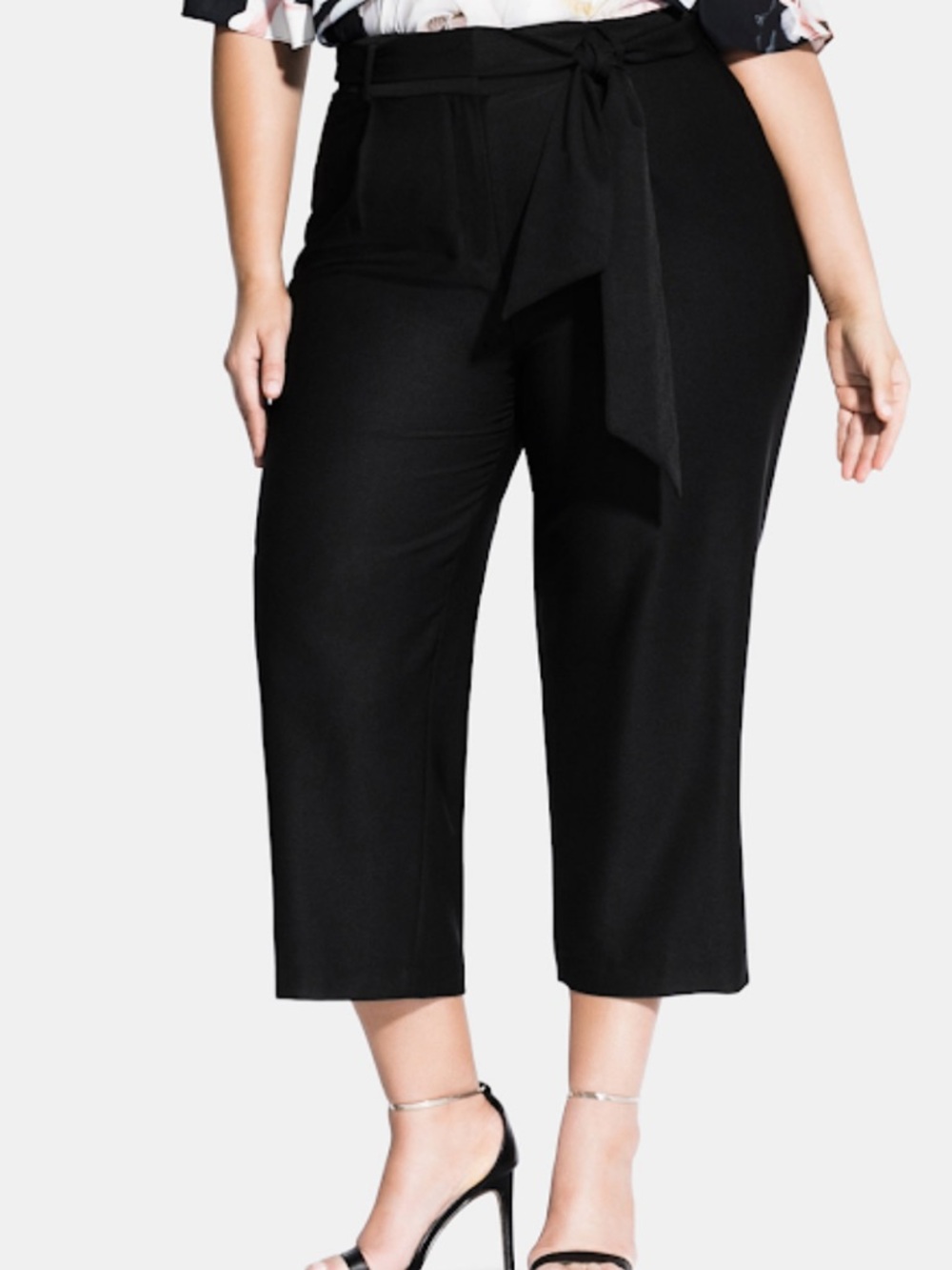 City Chic Womens Tie Belt Wide Leg‎ High Waist Cropped Trouser Pants Black 14